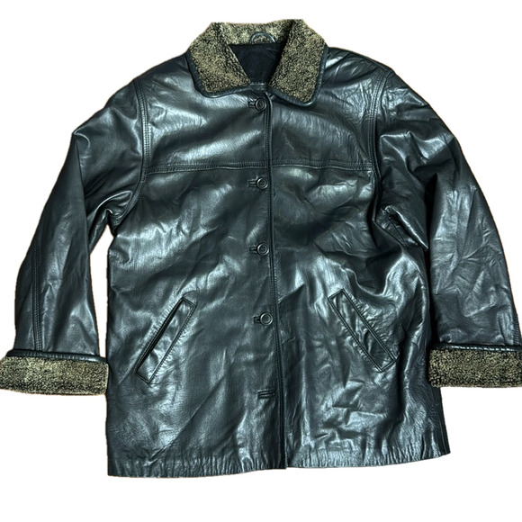 Creations Jez Black Leather Jacket with Shearling Collar & Cuffs - Picture 1 of 10